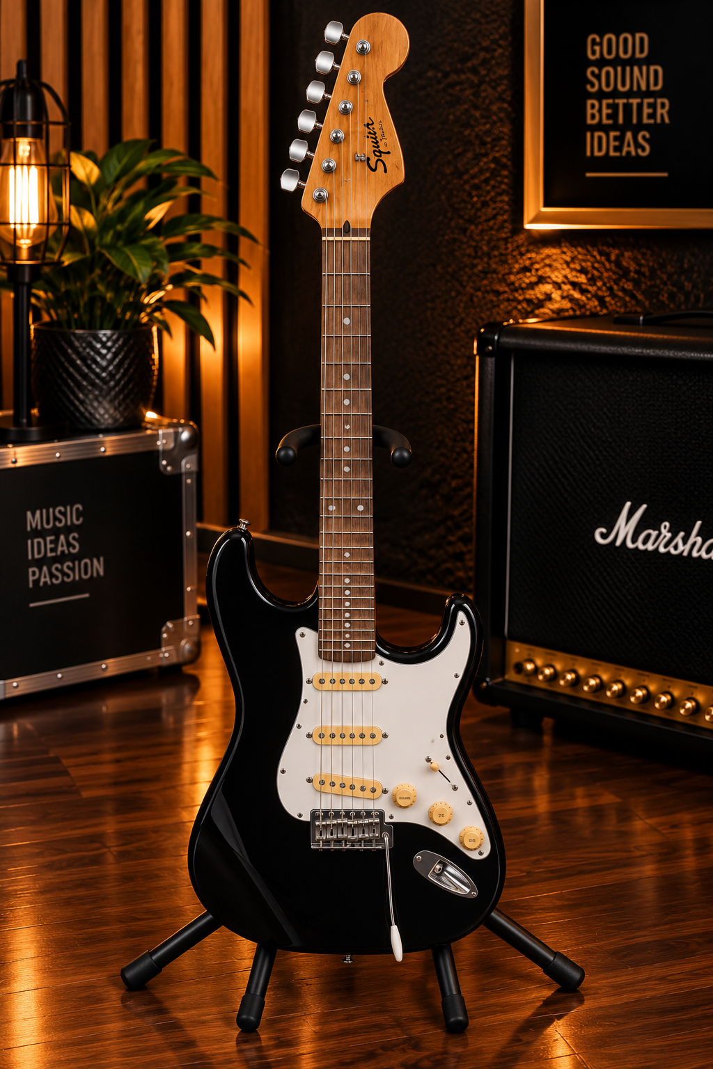 Guitare type Stratocaster noire restaurée